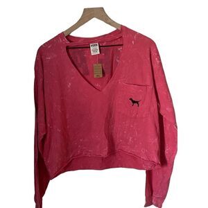 Victorias Secret Love Pink Womens Large Crop Top Pink Raw Hem Long Sleeve NWT
